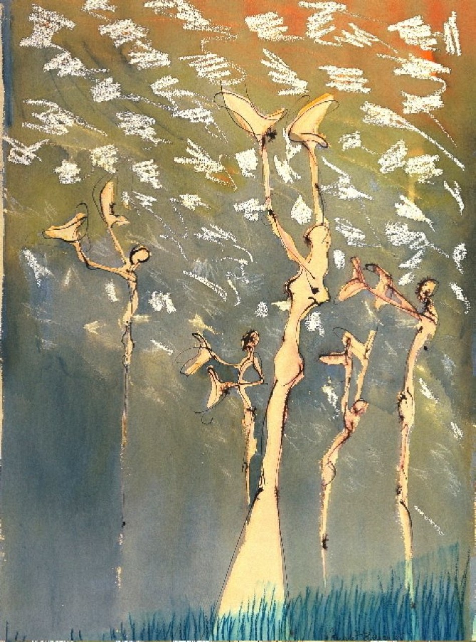 Applaudisserende figuren in een landschap